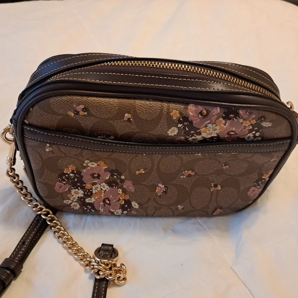 COACH Signature Shoulder Bag Floral Brown Small Defect On Label Inside See Pics - Picture 4 of 11